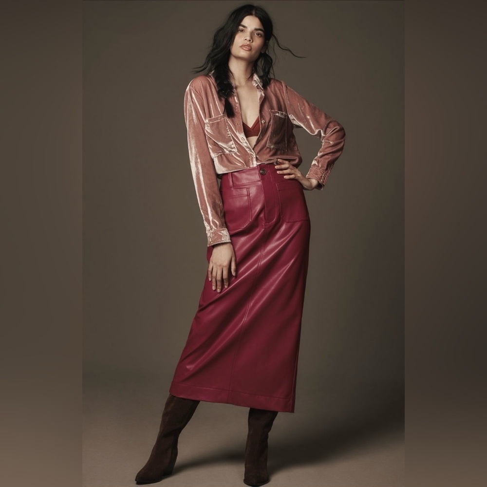 The Colette Faux Leather Cherry Burgundy Maxi Pencil Skirt by Maeve Vegan — XS